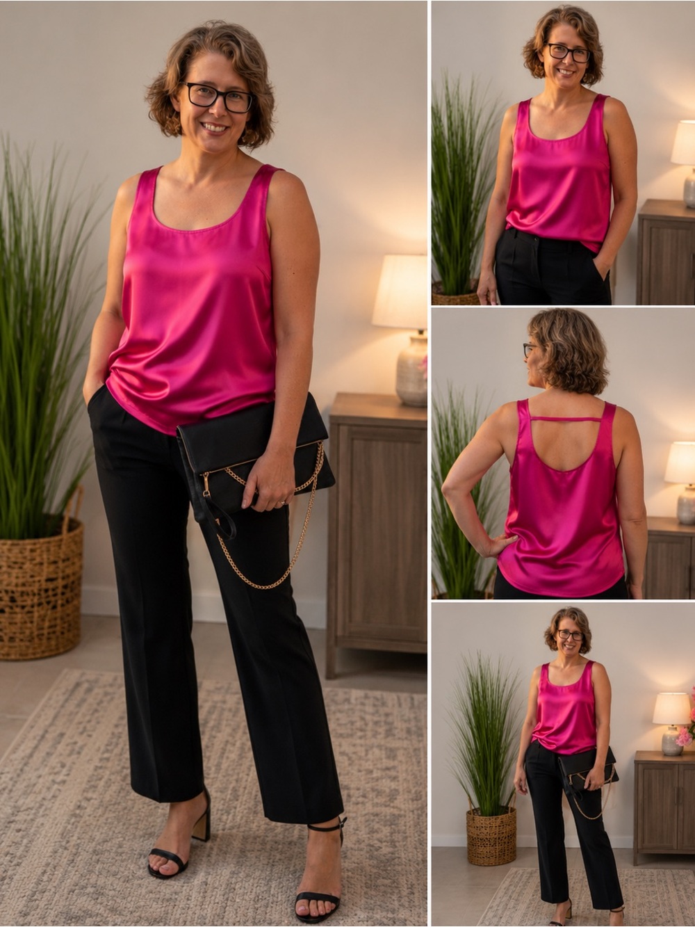 Montgomery Post 1X Fuchsia Satin Tank Top Strappy Back NWOT